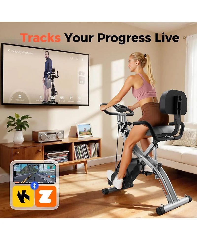 Fed Fitness 5-in-1 Pro Folding Exercise Bike, 16-Level Resistance and Quiet Magnetic Drive, Home Gym Bike with Rowing and Bands