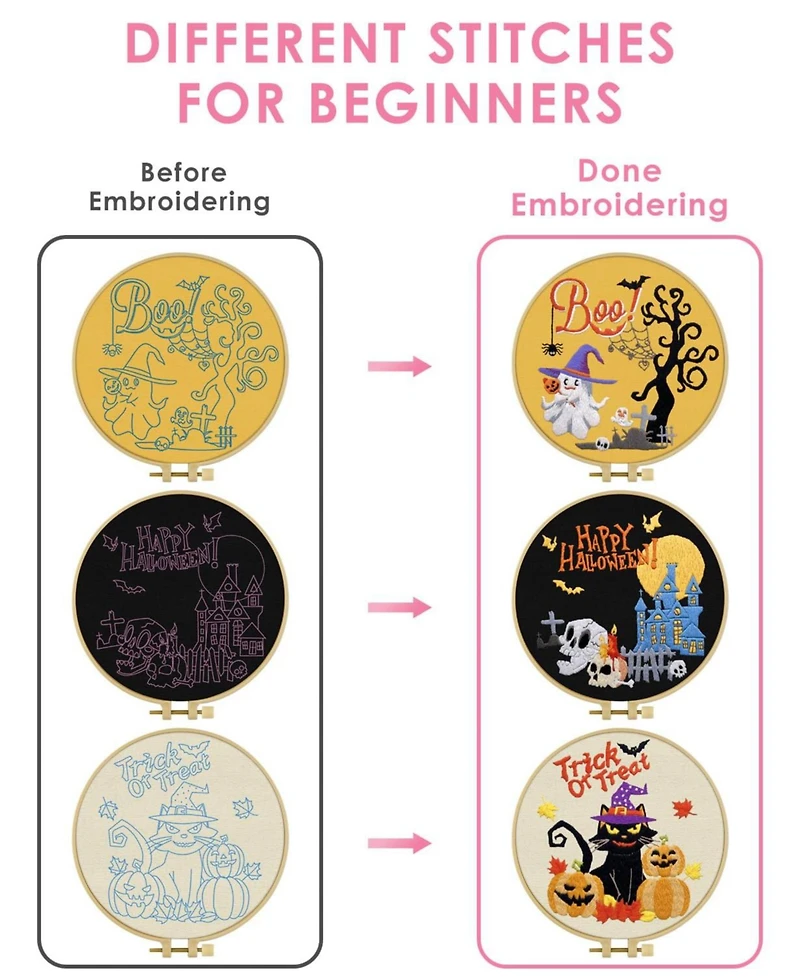 Gnuadz 3 Sets Embroidery Kit Adult Beginners Halloween Craft Hand