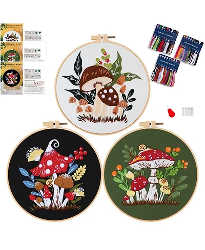 Gnuadz 3 Sets Mushroom Embroidery Kit Beginners Hoop Diy Craft