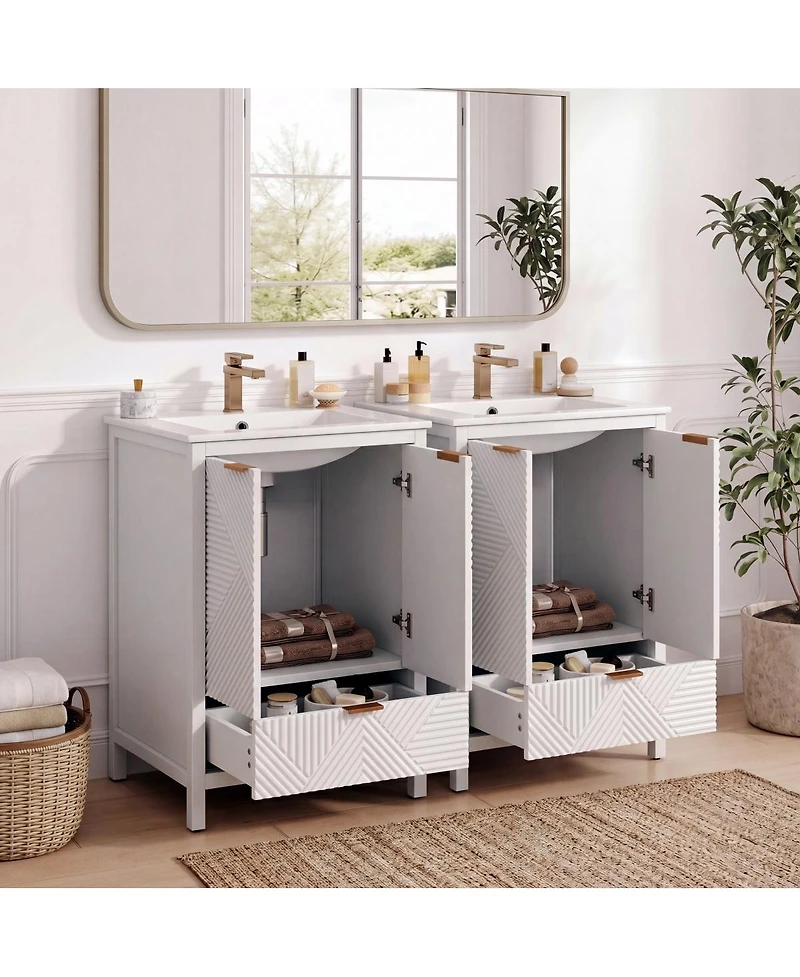 Sillysis 48 Inch Double Sink Bathroom Vanity, Freestanding Modern Mdf Cabinet with Ceramic Sinks and Soft Close Drawers