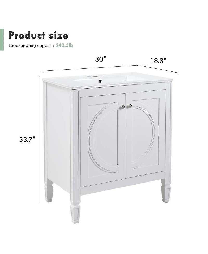 Sillysis 30 Inch Modern Bathroom Vanity with Ceramic Sink, No Assembly Required, Soft-Close Doors and Ample Storage for Home Bath