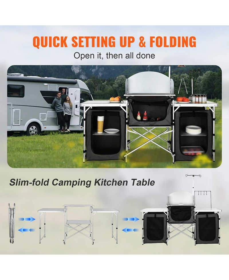 Gouun Folding Camping Kitchen Table with 3 Cupboards, Detachable Windscreen and Carrying Bag