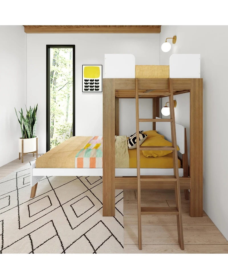 Max & Lily Mid-Century Modern -Shaped Bunk Bed, Solid Wood
