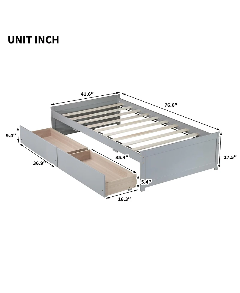 Sailvan Bed with 2 Drawers, Solid Rubber Wood