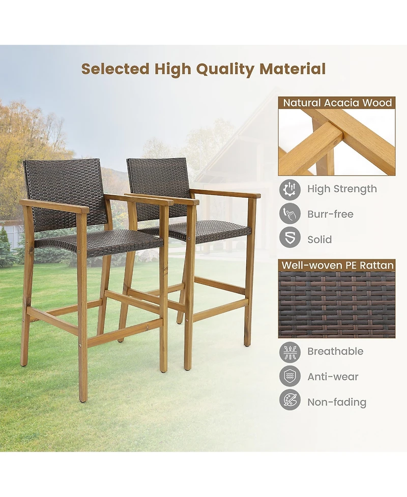 Gymax Patio Rattan Bar Stool Set of 2 Outdoor Pe Wicker Bar Chairs Armrests and Sturdy Footrests