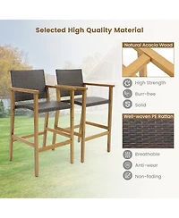 Gymax Patio Rattan Bar Stool Set of 2 Outdoor Pe Wicker Bar Chairs Armrests and Sturdy Footrests