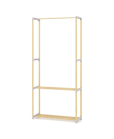 Slickblue Pine Wood Clothing Rack with Open 2 Tier Shelves and Hanging Bar for Bedroom Storage