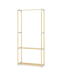 Slickblue Pine Wood Clothing Rack with Open 2 Tier Shelves and Hanging Bar for Bedroom Storage