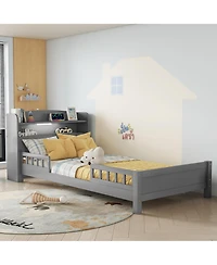 Sailvan Twin Pine Wood Bed with Bookcase Headboard ,Led Motion Sensor Light, Guardrails