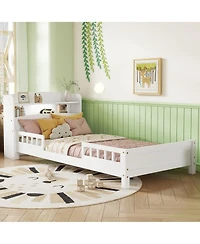 Sailvan Twin Pine Wood Bed with Bookcase Headboard ,Led Motion Sensor Light, Guardrails