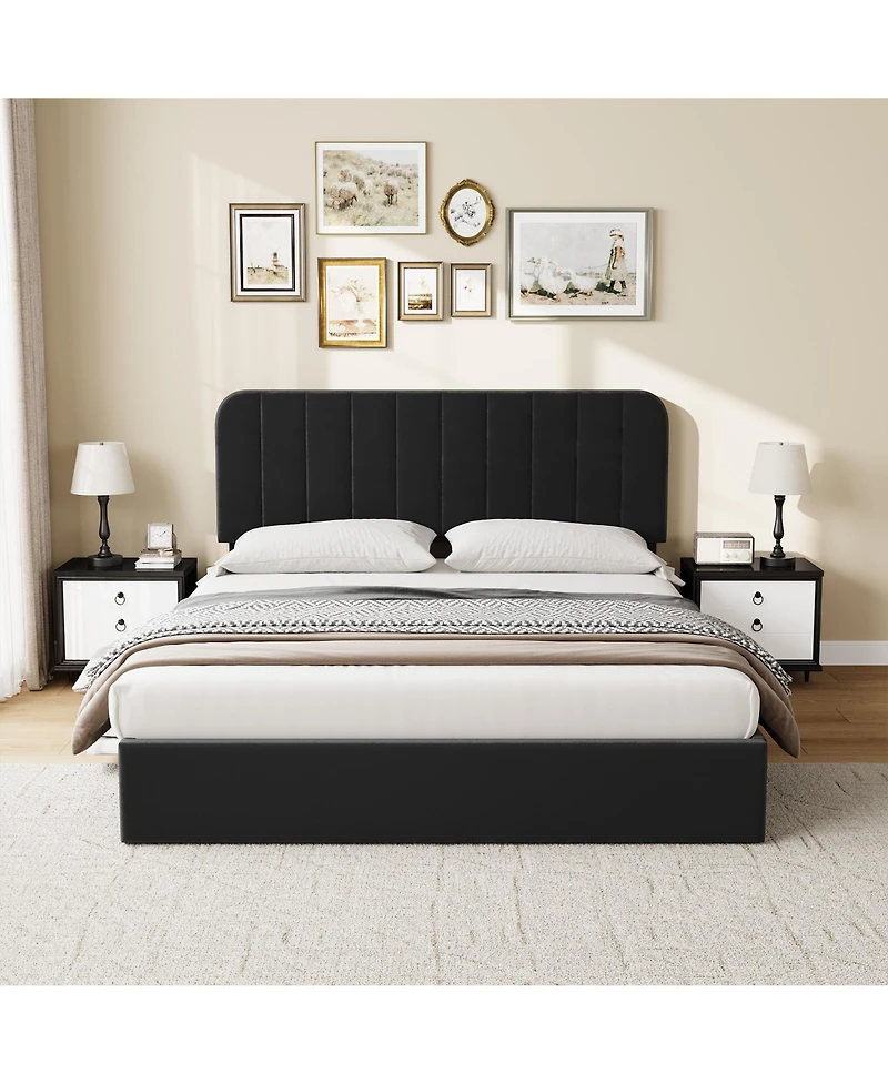 Velvetpholst Uered Platform Bed with 4 Drawers - Vertical Channel Tufted Headboard, Storage Frame, Wood, No Slats Spring, Modern Design Box
