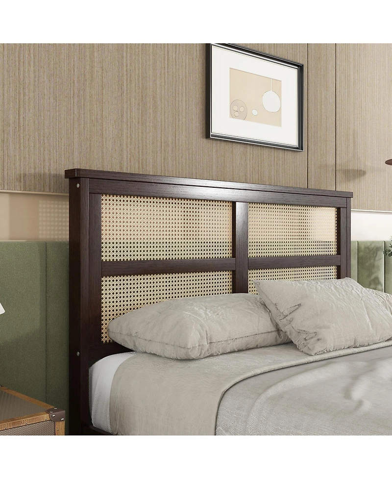 Sailvan Bed with Rattan Headboard, 2 Drawers, Rubber Wood Support Slats and Feet
