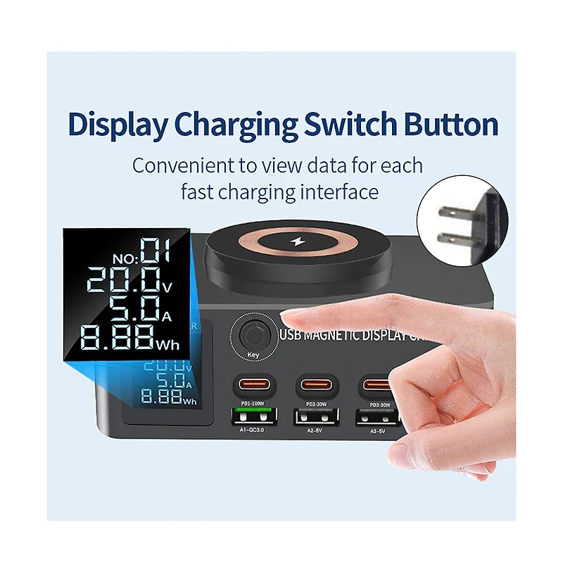 Artudatech 140W 8-Port GaN Charging Station with Fast Charger, Magnetic Wireless and Digital Display