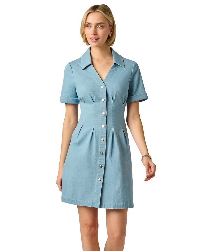 Adrianna Papell Women's Chambray Collared V-Neck Dress
