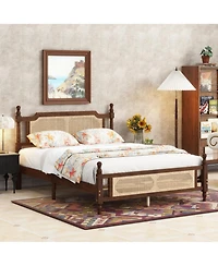 Sailvan Queen Pine wooden Bed with Rattan Headboard and Footboard, Central Enhanced Platform