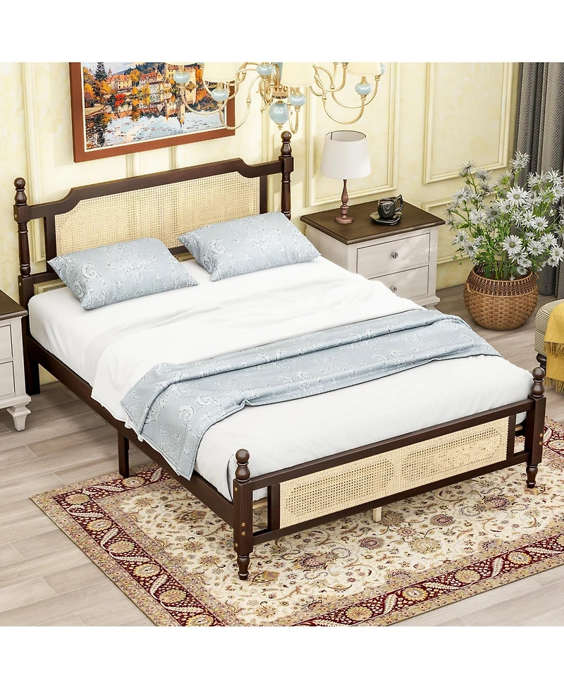 Sailvan Queen Pine wooden Bed with Rattan Headboard and Footboard, Central Enhanced Bed Platform