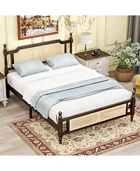 Sailvan Queen Pine wooden Bed with Rattan Headboard and Footboard, Central Enhanced Bed Platform