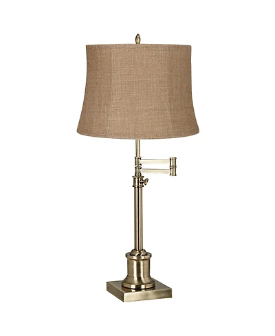 360 Lighting Traditional Swing Arm Desk Table Lamp Adjustable Height 36" Tall Antique Brass Burlap Fabric Drum Shade Living Room