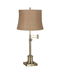 360 Lighting Traditional Swing Arm Desk Table Lamp Adjustable Height 36" Tall Antique Brass Burlap Fabric Drum Shade Living Room