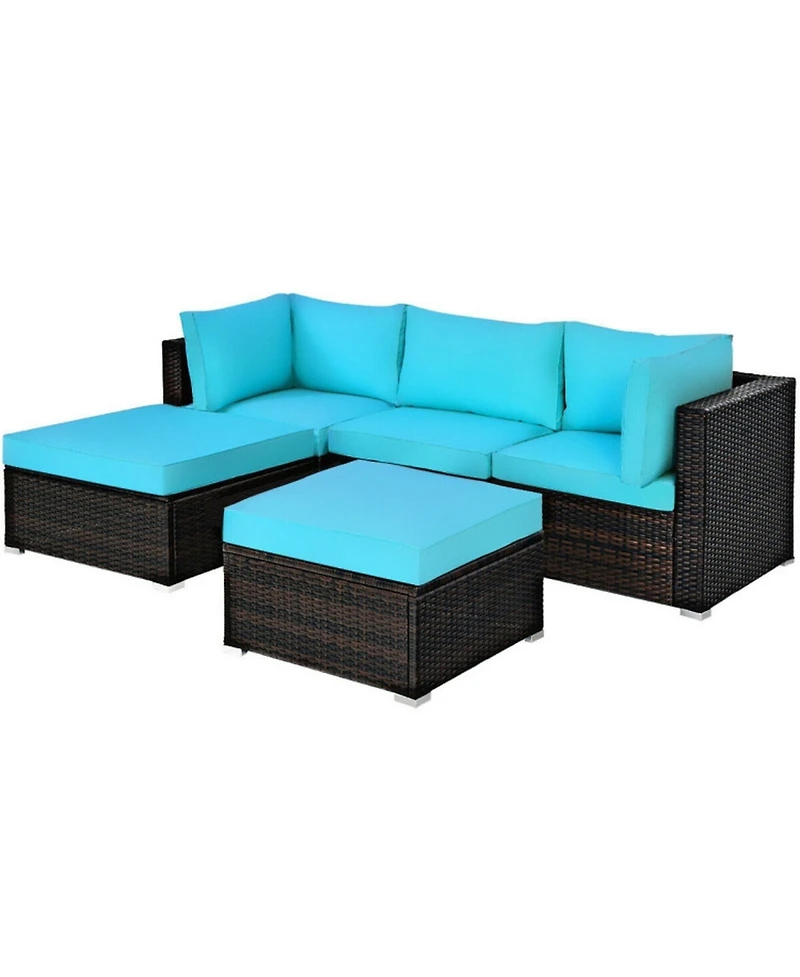 Gouun 5 Piece Outdoor Wicker Sectional Conversation Set with Convertible Ottoman, 4 in Cushions