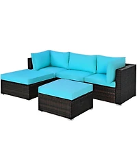 Gouun 5 Piece Outdoor Wicker Sectional Conversation Set with Convertible Ottoman, 4 in Cushions
