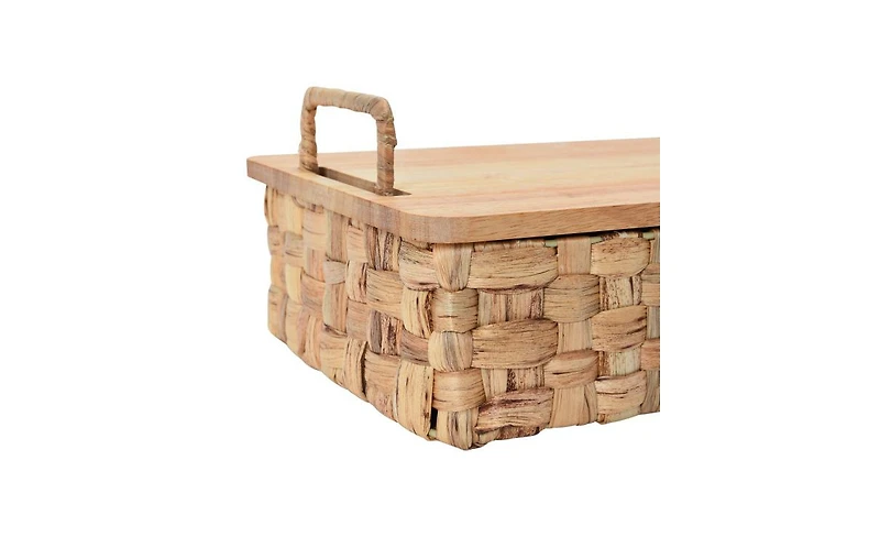 Household Essentials Stackable Hyacinth Baskets with Oak Lids, Set of 2
