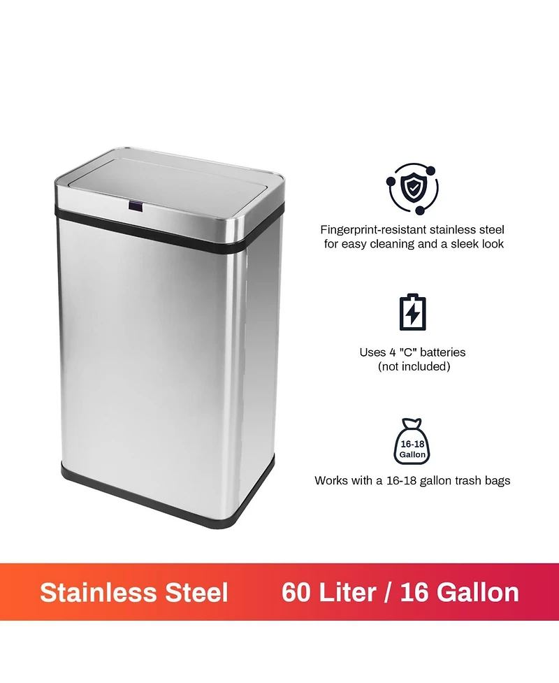 Mega Casa 16 Gallon Stainless Steel Rectangular Motion Sensor Trash Can with Silent Close Lid and Stay-Open Feature
