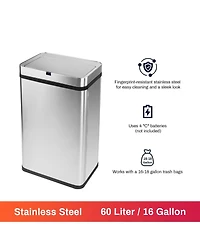 Mega Casa 16 Gallon Stainless Steel Rectangular Motion Sensor Trash Can with Silent Close Lid and Stay-Open Feature