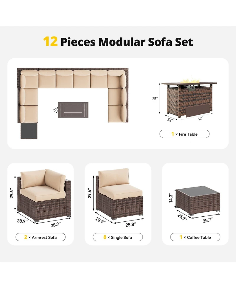 Aoxun 12-Piece Outdoor Brown Wicker Patio Conversation Set with 44" Propane Fire Pit Table and Beige Cushions