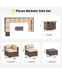 Aoxun 12-Piece Outdoor Brown Wicker Patio Conversation Set with 44" Propane Fire Pit Table and Beige Cushions