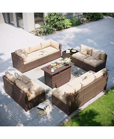Aoxun 12-Piece Outdoor Brown Wicker Patio Conversation Set with 44" Propane Fire Pit Table and Beige Cushions
