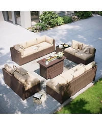 Aoxun 12-Piece Outdoor Brown Wicker Patio Conversation Set with 44" Propane Fire Pit Table and Beige Cushions