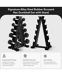 BalanceFrom Fitness Signature Steel Rubber Encased Hex Textured Dumbbell Workout Set with Rack & 5 Pairs of 5, 8, 10, 12, and 15 Pound Weights, Black