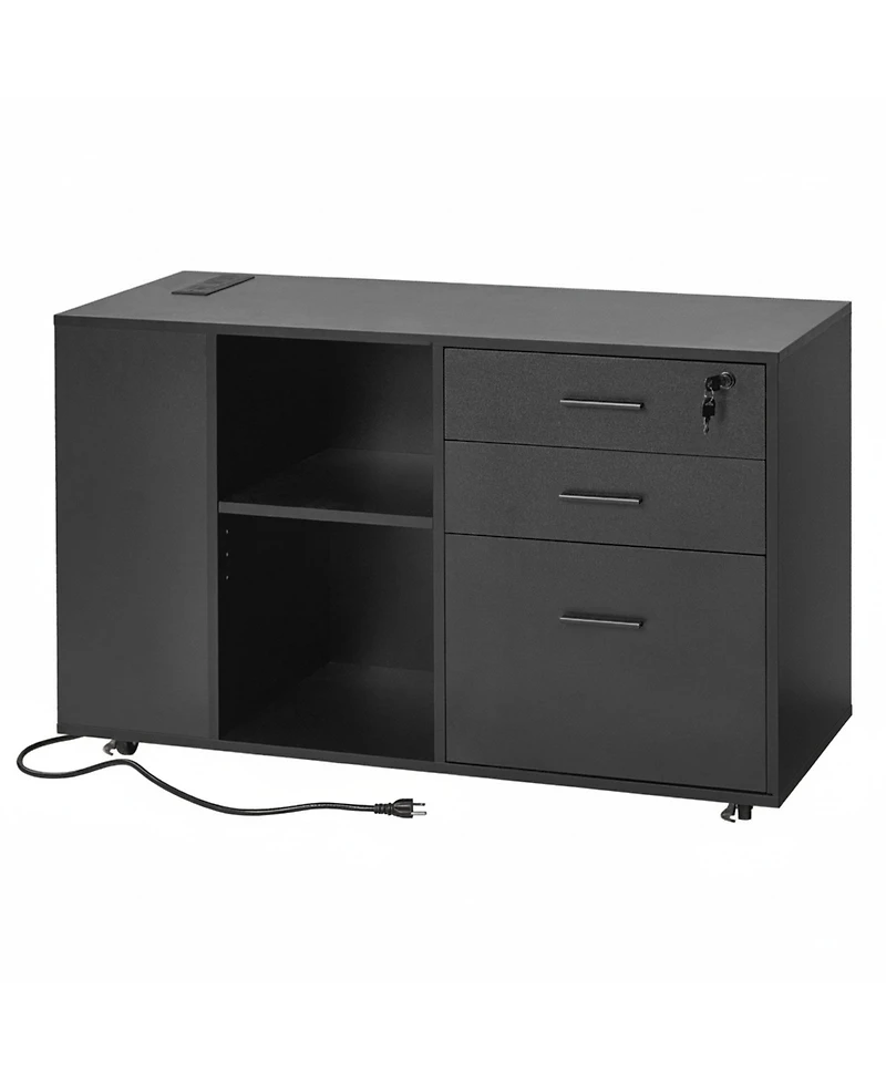 Gouun 3 Drawer Wooden File Cabinet, Mobile Filing Cabinet with Power Strip, Lockable Rolling File Storage with Adjustable Shelves