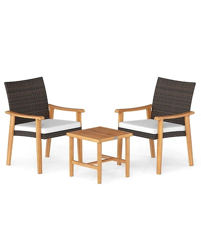 Gouun 3-Piece Patio Wicker Conversation Set with Acacia Wood Side Table