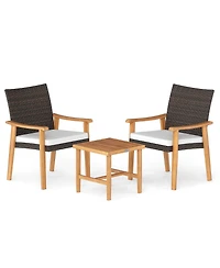 Gouun 3-Piece Patio Wicker Conversation Set with Acacia Wood Side Table
