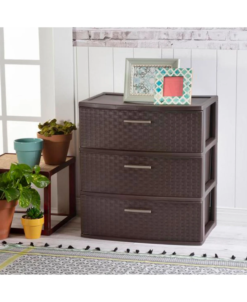 Sterilite 3 Drawer Wide Weave Storage Tower, Plastic Organizer Drawers, Brown