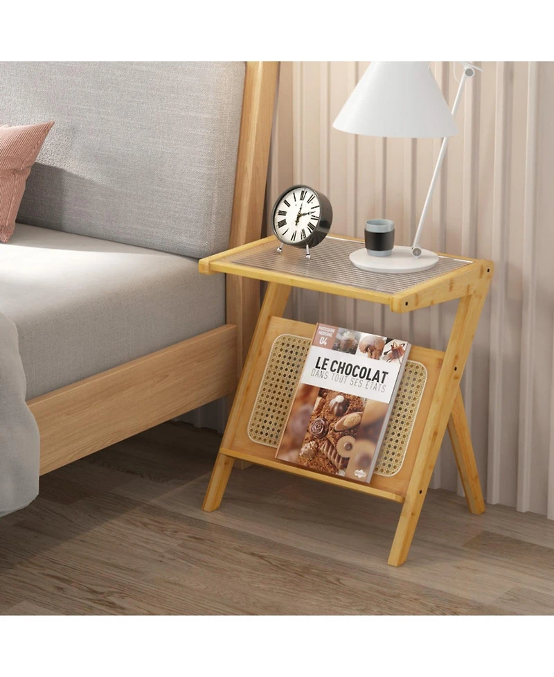 Gouun Boho Bamboo End Table with Tempered Glass Top and Magazine Rack, 22 in