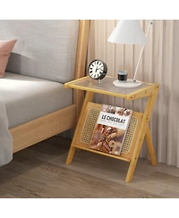Gouun Boho Bamboo End Table with Tempered Glass Top and Magazine Rack, 22 in