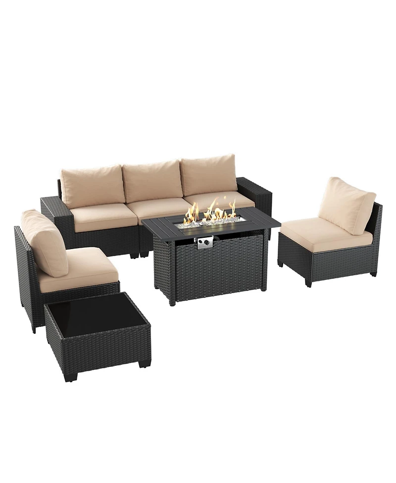 Aoxun 7-Piece Wicker Outdoor Sectional Sofa Set with Cushions with 44" Propane Fire Pit Table