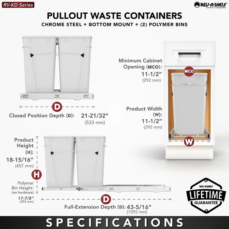 Rev-a-shelf Double Pullout Trash Can 27 qt. for Kitchen, Gray, Rv-15KD-13C-S