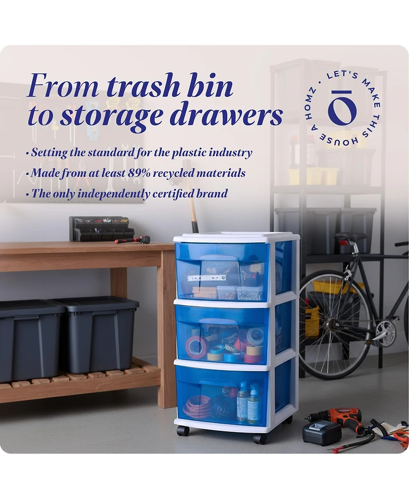 Homz Plastic 3 Drawer Medium Storage Container Tower, Blue Drawers/White Frame