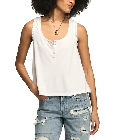 Lucky Brand Women's Sleeveless Crochet Trim Henley Tank Top