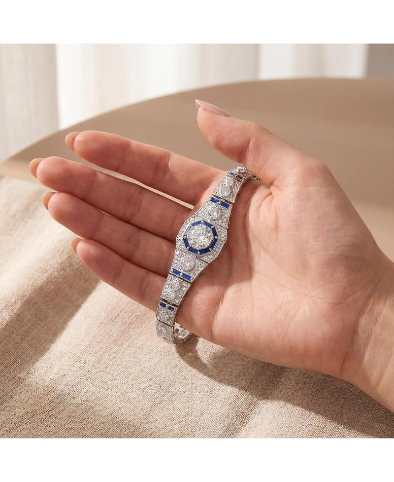 Sterling Silver Clear Round and Circle Baguette Cubic Zirconia Link Bracelet