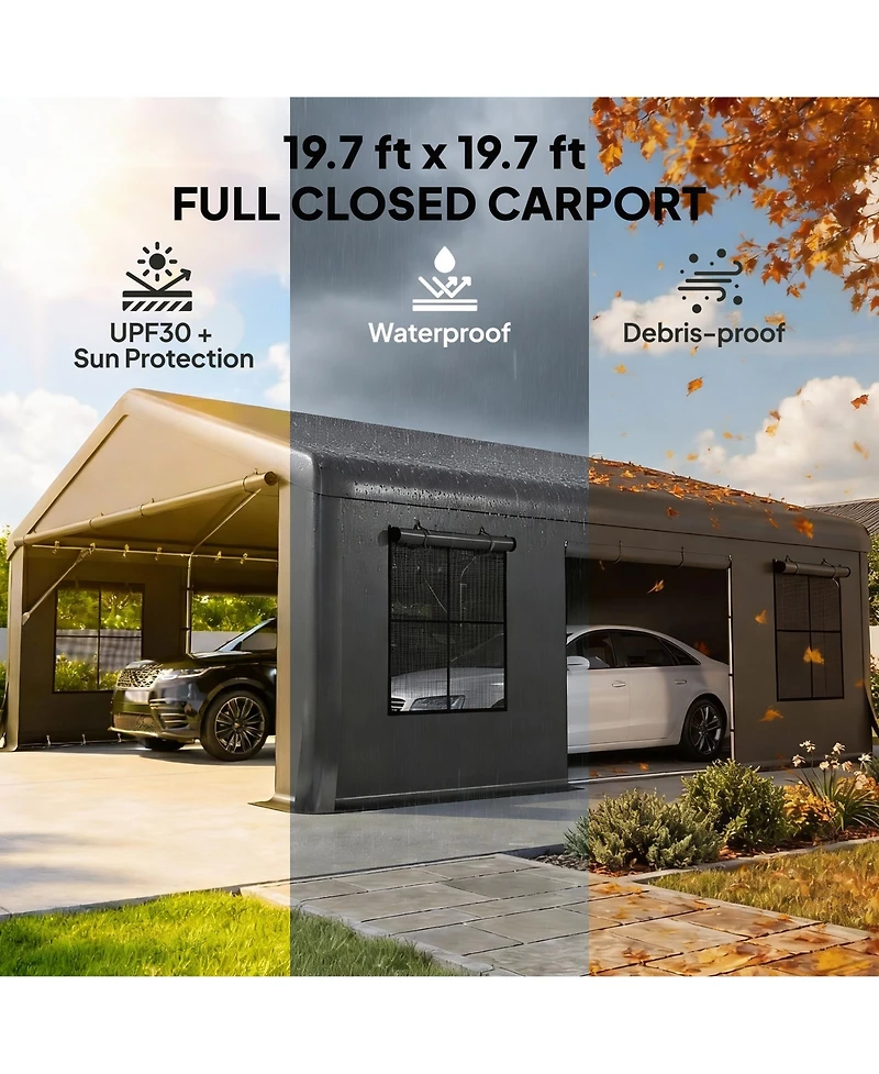 Outsunny Heavy Duty Carport, Portable Garage with Doors, Windows