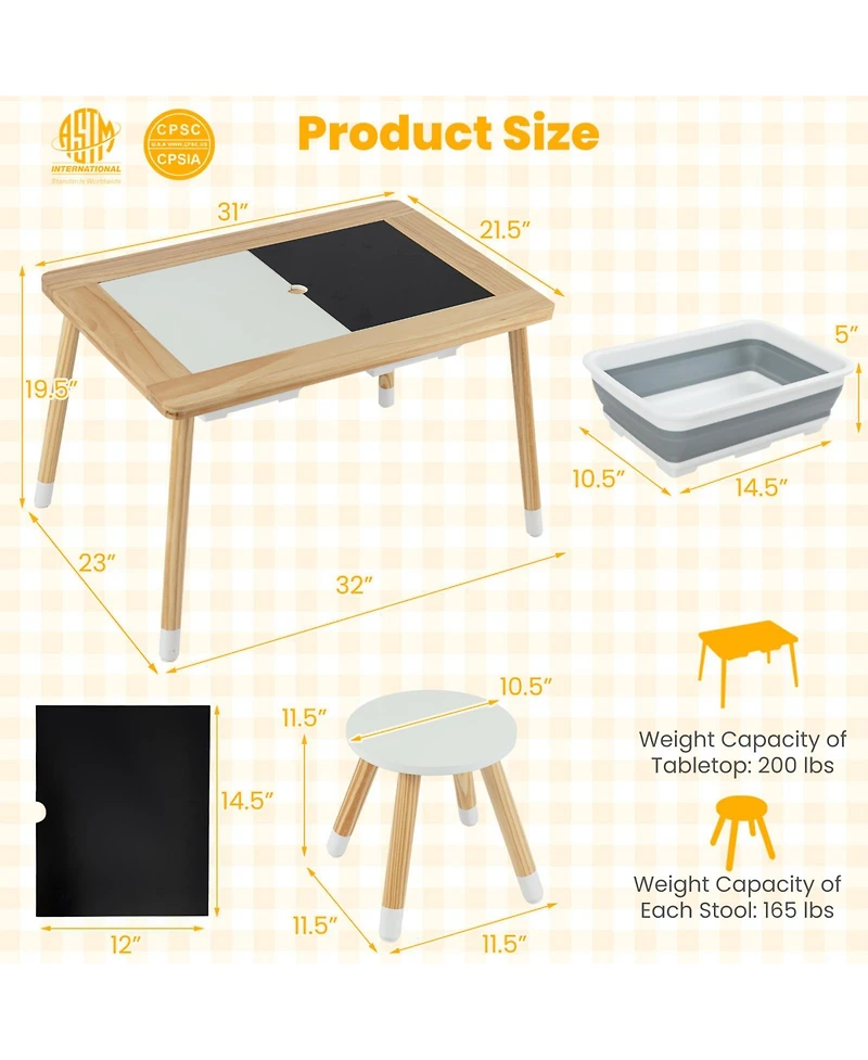 Gouun Wooden Kids Activity Table with Double-Sided Boards and Stools