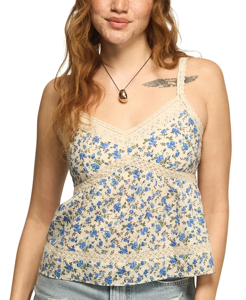 Lucky Brand Women's Sleeveless Printed Lace Trimmed Tank Top