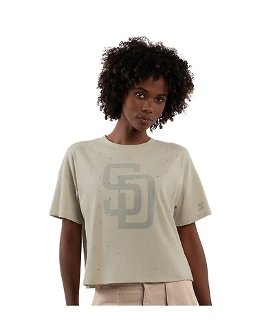 Starter Women's Khaki San Diego Padres Rhinestone Sprinkle Boxy Cropped T-Shirt