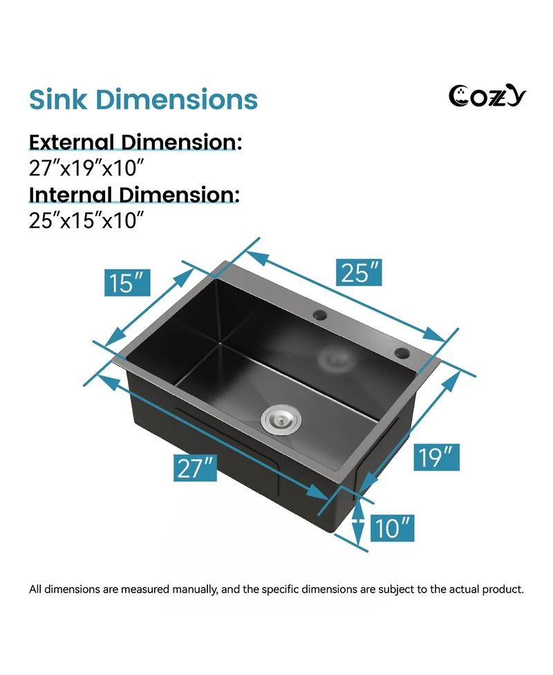 Busdays 27 x 19 Inches Stainless Steel Kitchen Sink Single Bowl Overmount Handmade with Us Standard Drain and Hook