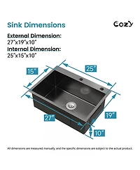 Busdays 27 x 19 Inches Stainless Steel Kitchen Sink Single Bowl Overmount Handmade with Us Standard Drain and Hook